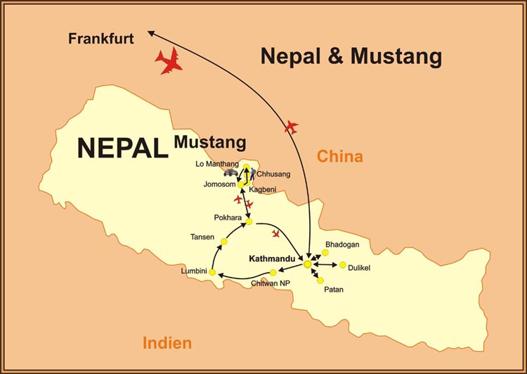 Karte Mustang Reise + Mustang Studienreise