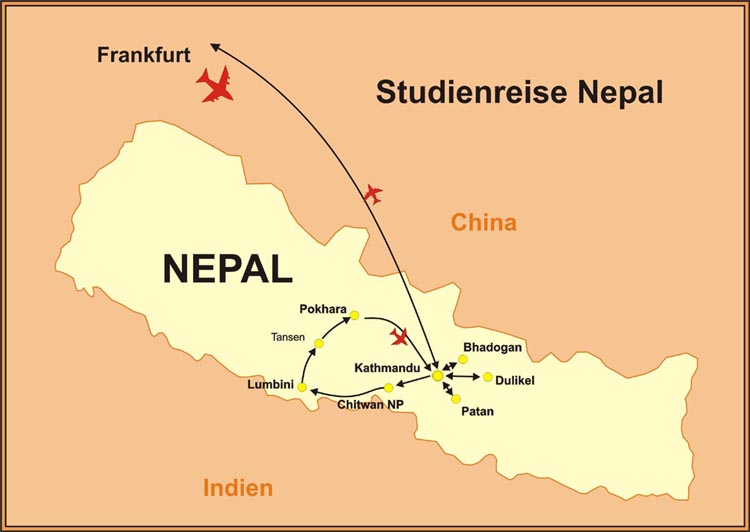 Karte der reisen nach nepal